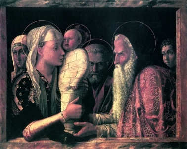 Mantegna, Ofiarowanie w świątyni, tempera na desce, ok.1465, Geamldegalerie, Berlin Mantegna, Ofiarowanie w świątyni, tempera na desce, ok.1465, Geamldegalerie, Berlin